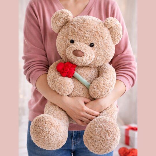 Valentine teddy with red rose for romantic gifting and Valentine delivery in Bangalore