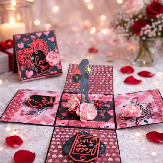 Handmade Valentine explosion box gift with romantic pop-up design for premium gifting in Bangalore