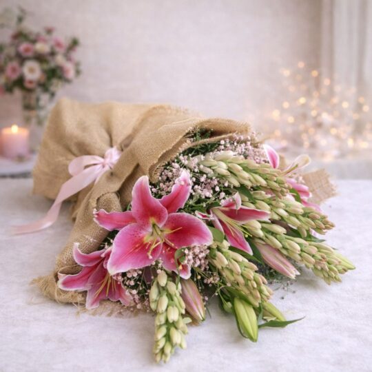 Fresh lily and rose bouquet wrapped in burlap, featuring pink lilies, white roses, and lush green buds.
