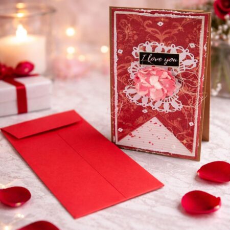 Handmade Valentine card with red envelope for romantic gifting and flower delivery in Bangalore