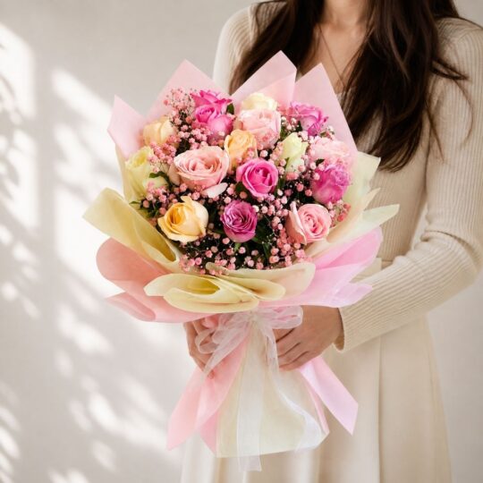 Fresh pastel rose bouquet wrapped in pink and cream paper for same day flower delivery in Bangalore by FreshKnots