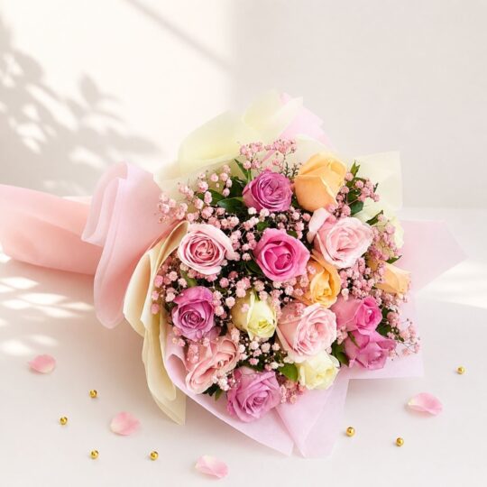 Fresh pastel rose bouquet wrapped in pink and cream paper for same day flower delivery in Bangalore by FreshKnots