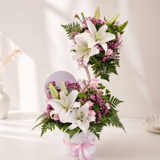 A pastel floral arrangement in a glass vase featuring white hydrangeas, yellow and pink roses, white daisies, and pink fillers, tied with a white ribbon - ideal for same day flower delivery in Bangalore.