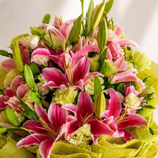 Close up of Earthy Charm pink lily bouquet with eustoma, Bangalore flower delivery