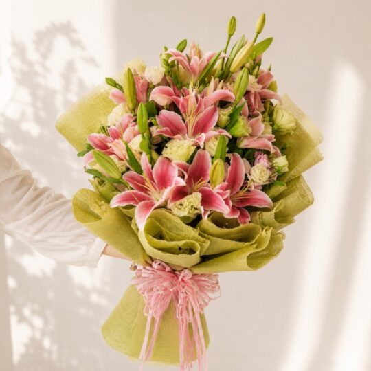 Earthy Charm pink lily and eustoma bouquet wrapped in green burlap, Bangalore flower delivery