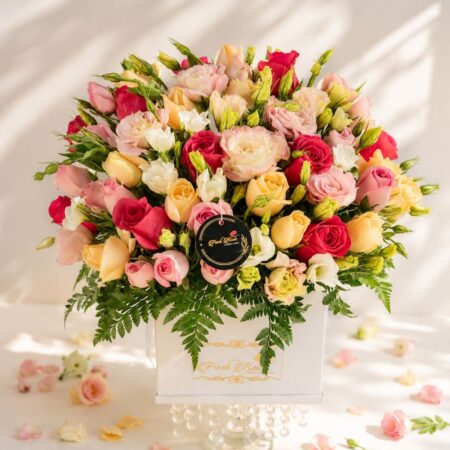 Luxury pastel rose flower box Bangalore with pink roses peach roses and premium floral arrangement
