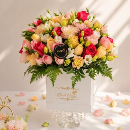 Hues of a Garden pastel rose box with roses and eustoma, Bangalore flower delivery