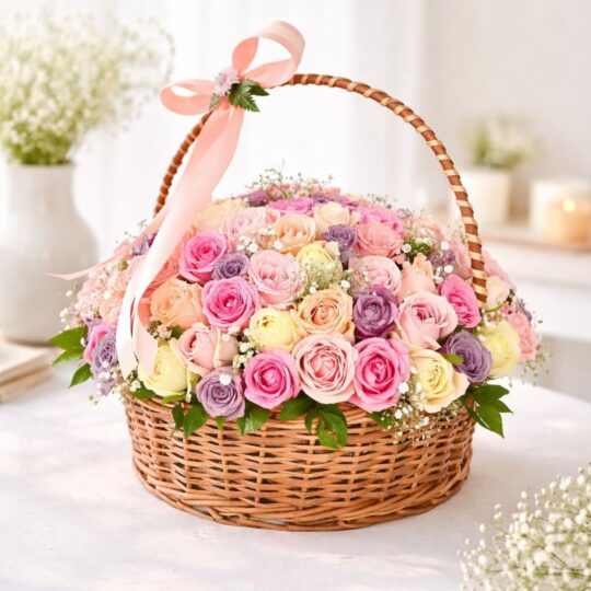 Basket of 100 pastel roses in a wicker basket – luxury flower delivery Bangalore, same day flowers