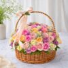 Basket of 100 pastel roses in a wicker basket – luxury flower delivery Bangalore, same day flowers