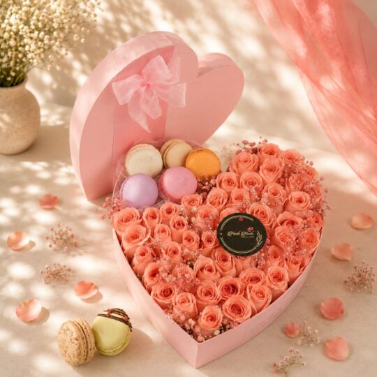 Heart shaped pink rose box with macarons, Bangalore flower delivery