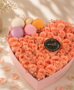 Close up of heart shaped rose box with macarons, Bangalore flower delivery