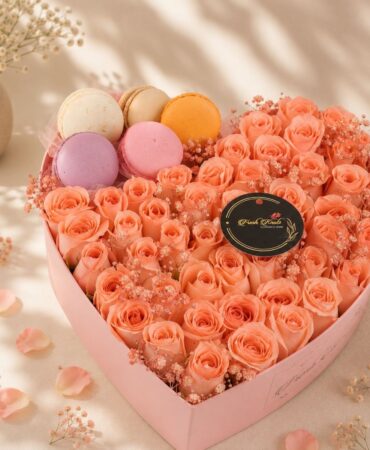 Close up of heart shaped rose box with macarons, Bangalore flower delivery