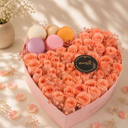 Close up of heart shaped rose box with macarons, Bangalore flower delivery