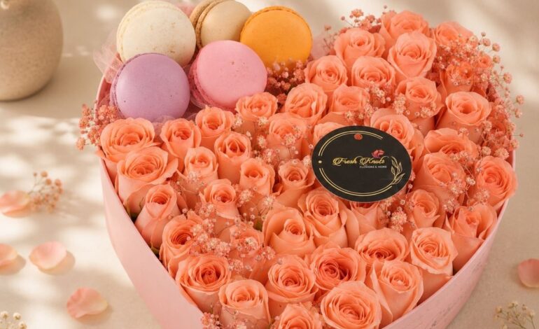 Close up of heart shaped rose box with macarons, Bangalore flower delivery