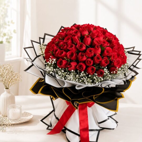 Luxury bouquet of 100 fresh red roses with white fillers, handcrafted by FreshKnots Bangalore.