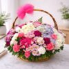 Pastel flower basket with hydrangeas, carnations and seasonal blooms in a wicker basket - same day flower delivery Bangalore