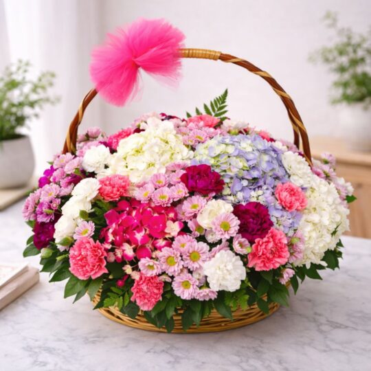 Pastel flower basket with hydrangeas, carnations and seasonal blooms in a wicker basket - same day flower delivery Bangalore