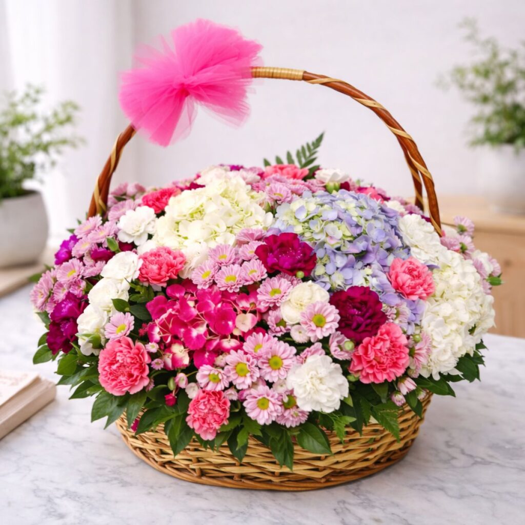 Pastel flower basket with hydrangeas, carnations and seasonal blooms in a wicker basket - same day flower delivery Bangalore