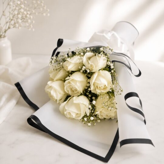 A bouquet of fresh white roses wrapped in elegant white paper with a satin bow — available for same day flower delivery in Bangalore.