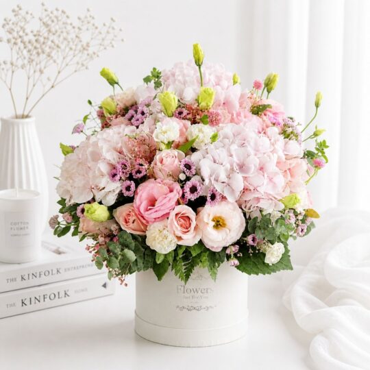 Pink exotic flower box with hydrangea roses eustoma online flower delivery Bangalore