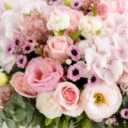 Pink exotic flower box with hydrangea roses eustoma online flower delivery Bangalore