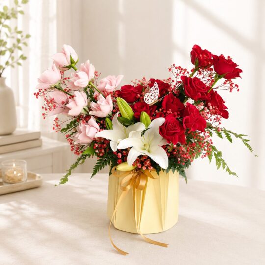 Luxury rose and lily vase arrangement for online flower delivery in Bangalore