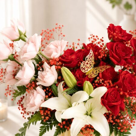 Luxury rose and lily vase arrangement for online flower delivery in Bangalore