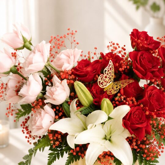 Luxury rose and lily vase arrangement for online flower delivery in Bangalore