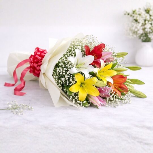 Colourful bouquet of Asiatic and Oriental lilies with baby’s breath wrapped in cream paper with red ribbon