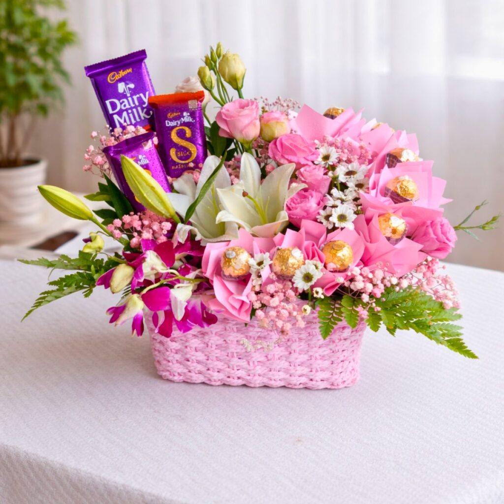 fresh flower hamper with ferrero rocher chocolates Bangalore florist