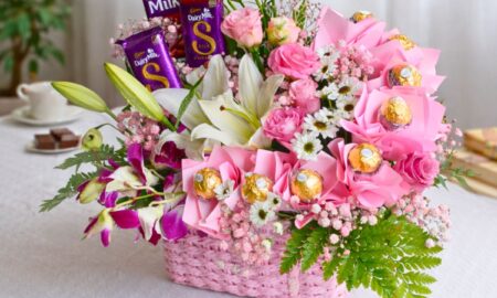 fresh flower hamper with ferrero rocher chocolates Bangalore florist