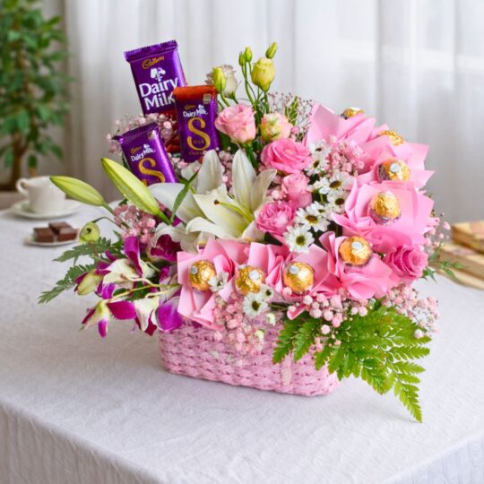 fresh flower hamper with ferrero rocher chocolates Bangalore florist