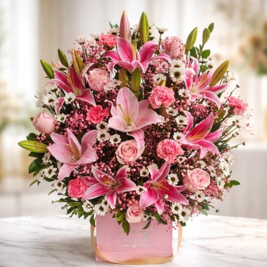 Pink lily flower box with roses – online flower bouquet delivery Bangalore same day.
