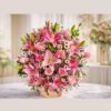 Pink lily flower box with roses – online flower bouquet delivery Bangalore same day.