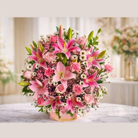 Pink lily flower box with roses – online flower bouquet delivery Bangalore same day.