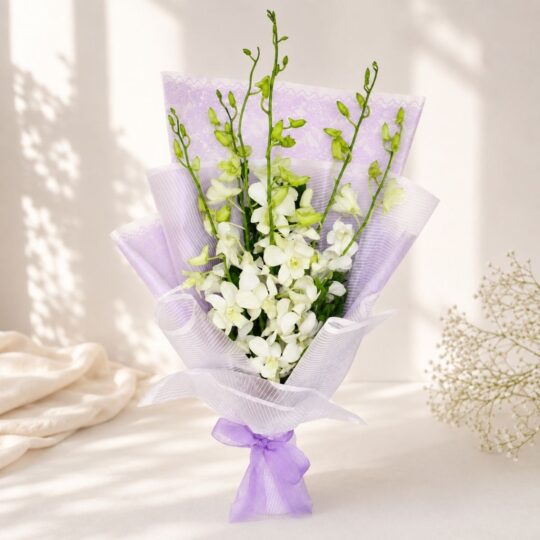 Close up of Celestial Grace white orchid bouquet, Bangalore flower delivery