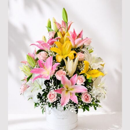 Premium fresh flower arrangement with exotic Lilies in floral box for same day flower delivery in Bangalore
