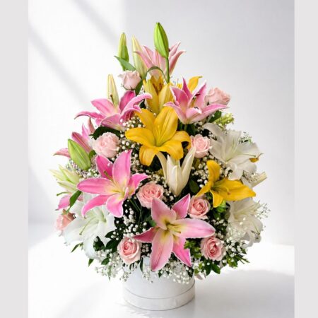 Premium fresh flower arrangement with exotic Lilies in floral box for same day flower delivery in Bangalore