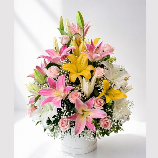 Premium fresh flower arrangement with exotic Lilies in floral box for same day flower delivery in Bangalore