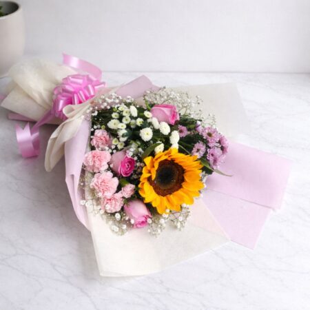 Premium sunflower and pink rose bouquet with baby’s breath in pastel wrapping, fresh flower delivery Bangalore