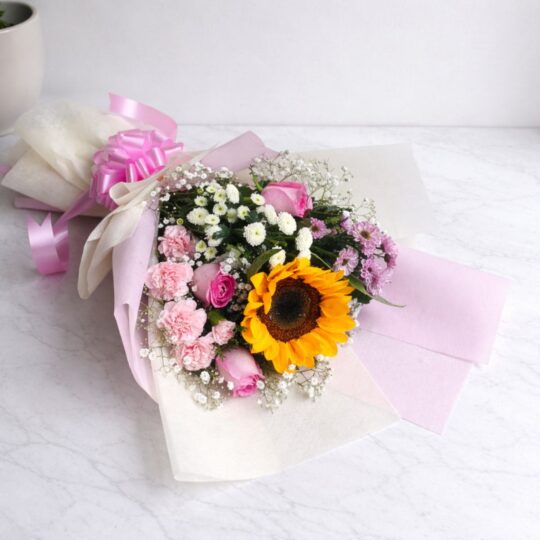 Premium sunflower and pink rose bouquet with baby’s breath in pastel wrapping, fresh flower delivery Bangalore