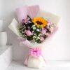 Premium sunflower and pink rose bouquet with baby’s breath in pastel wrapping, fresh flower delivery Bangalore