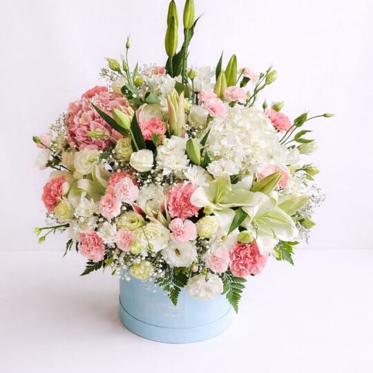 Pastel flower box with white lilies, roses, hydrangeas and pink carnations in premium hat box Bangalore flower delivery