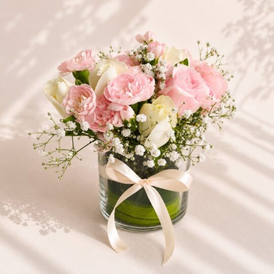 Sugar Petals rose vase arrangement, frontal view Bangalore