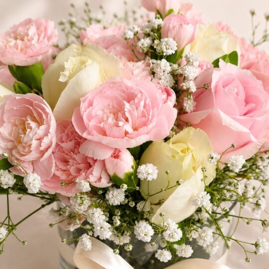 Close-up of pink and white roses, Sugar Petals arrangement Bangalore