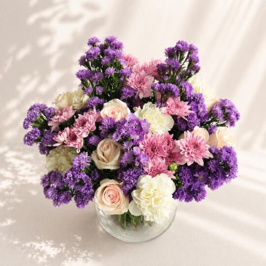 Luxury purple and pink flower bouquet with roses, chrysanthemums and carnations in glass vase - fresh flower delivery in Bangalore