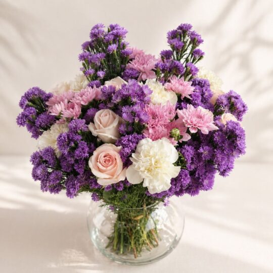 Luxury purple and pink flower bouquet with roses, chrysanthemums and carnations in glass vase - fresh flower delivery in Bangalore