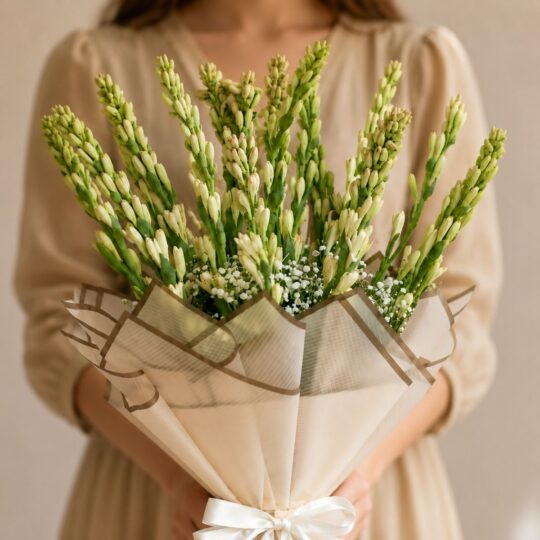 Luxury white Rajnigandha bouquet with premium wrapping for elegant flower delivery in Bangalore.