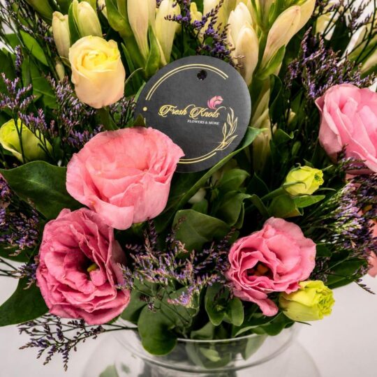 Tuberose vase arrangement Bangalore with pink eustoma and fresh seasonal blooms for same day flower delivery