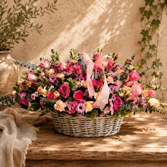 Premium pink and peach floral basket arrangement for online flower delivery in Bangalore.